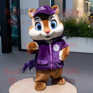 Purple Chipmunk mascot costume character dressed with a Flare Jeans and Shawl pins