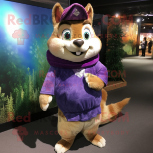 Purple Chipmunk mascot costume character dressed with a Flare Jeans and Shawl pins