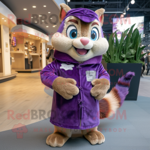 Purple Chipmunk mascot costume character dressed with a Flare Jeans and Shawl pins