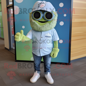 Olive Cupcake mascot costume character dressed with a Chambray Shirt and Sunglasses