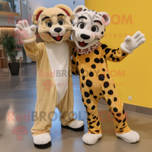 Cream Cheetah mascot costume character dressed with a Boyfriend Jeans and Mittens