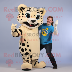 Cream Cheetah mascot costume character dressed with a Boyfriend Jeans and Mittens