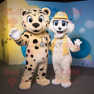 Cream Cheetah mascot costume character dressed with a Boyfriend Jeans and Mittens