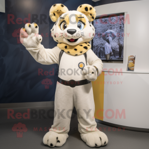 Cream Cheetah mascot costume character dressed with a Boyfriend Jeans and Mittens