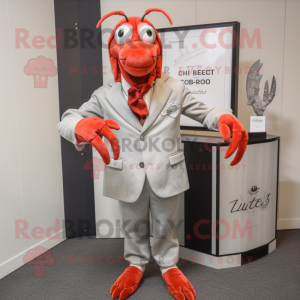 Silver Lobster Bisque mascot costume character dressed with a Coat and Pocket squares