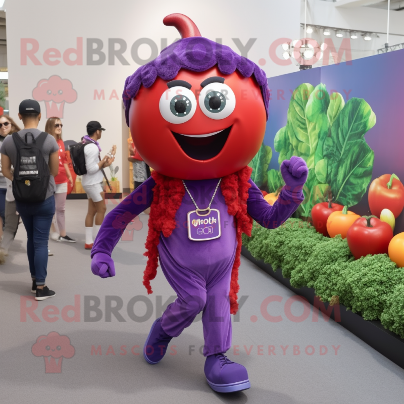 Purple Tomato mascot costume character dressed with a Leggings and Necklaces