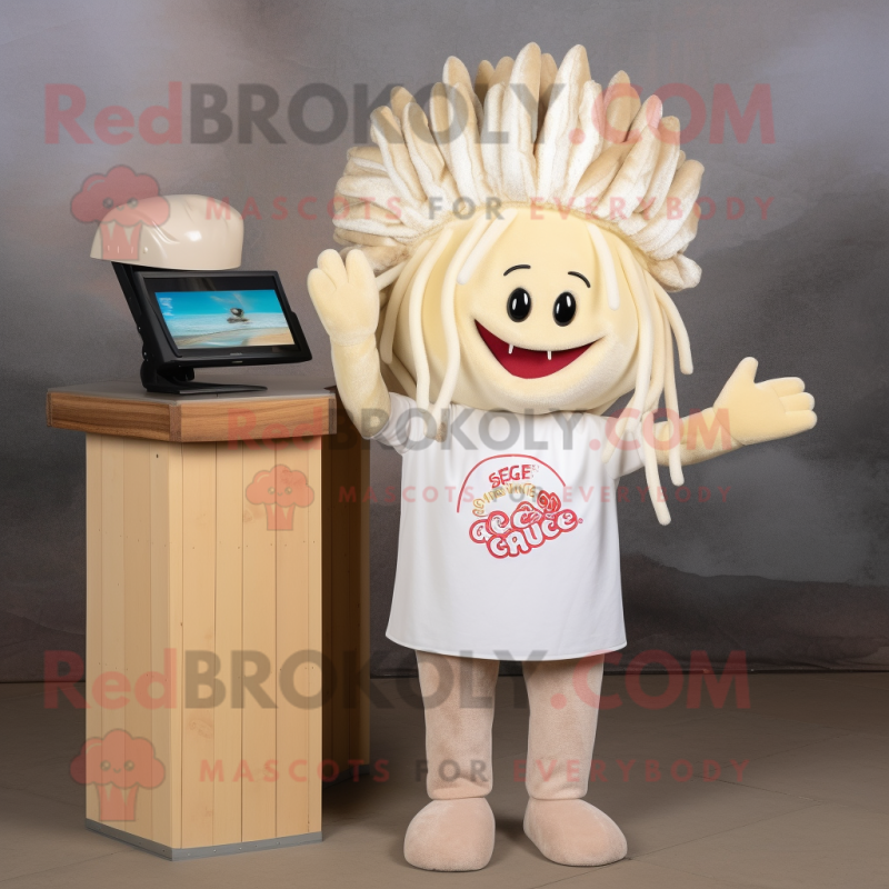 Beige Ceviche mascot costume character dressed with a Henley Shirt and Hair clips Beige Ceviche mascot costume character dressed with a Henley Shirt and Hair clips