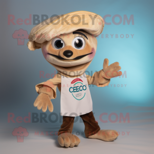Beige Ceviche mascot costume character dressed with a Henley Shirt and Hair clips