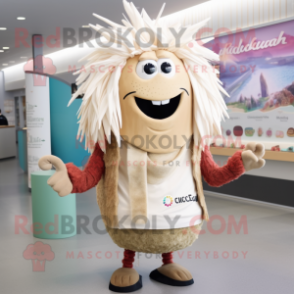 Beige Ceviche mascot costume character dressed with a Henley Shirt and Hair clips