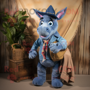 Blue Donkey mascot costume character dressed with a Corduroy Pants and Wraps