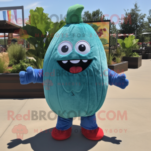 Blue Watermelon mascot costume character dressed with a Corduroy Pants and Gloves