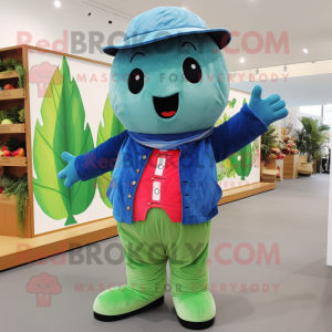 Blue Watermelon mascot costume character dressed with a Corduroy Pants and Gloves