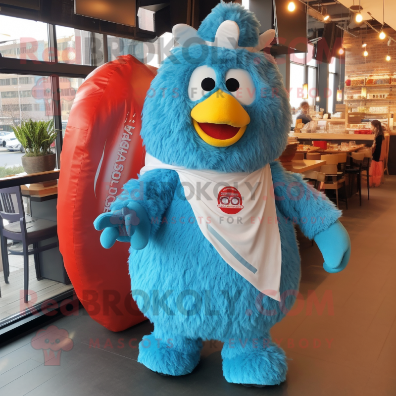Sky Blue Chicken Parmesan mascot costume character dressed with a Romper and Wraps Sky Blue Chicken Parmesan mascot costume character dressed with a Romper and Wraps
