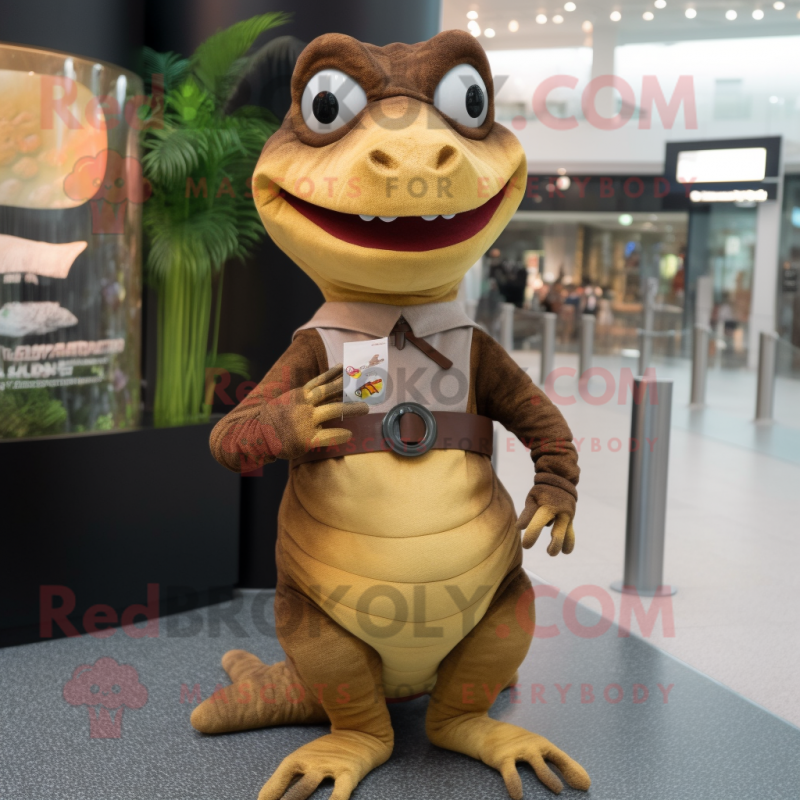 Brown Lizard mascot costume character dressed with a A-Line Dress and Smartwatches