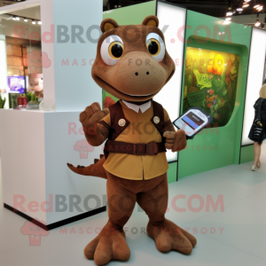 Brown Lizard mascot costume character dressed with a A-Line Dress and Smartwatches