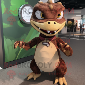 Brown Lizard mascot costume character dressed with a A-Line Dress and Smartwatches