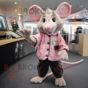 Pink Rat mascot costume character dressed with a Playsuit and Tie pins