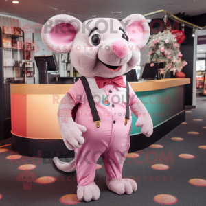 Pink Rat mascot costume character dressed with a Playsuit and Tie pins