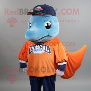 Peach Blue Whale mascot costume character dressed with a Graphic Tee and Cummerbunds