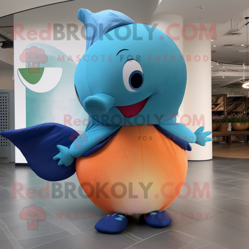 Peach Blue Whale mascot costume character dressed with a Graphic Tee and Cummerbunds