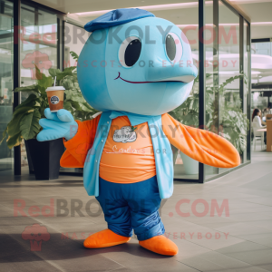 Peach Blue Whale mascot costume character dressed with a Graphic Tee and Cummerbunds