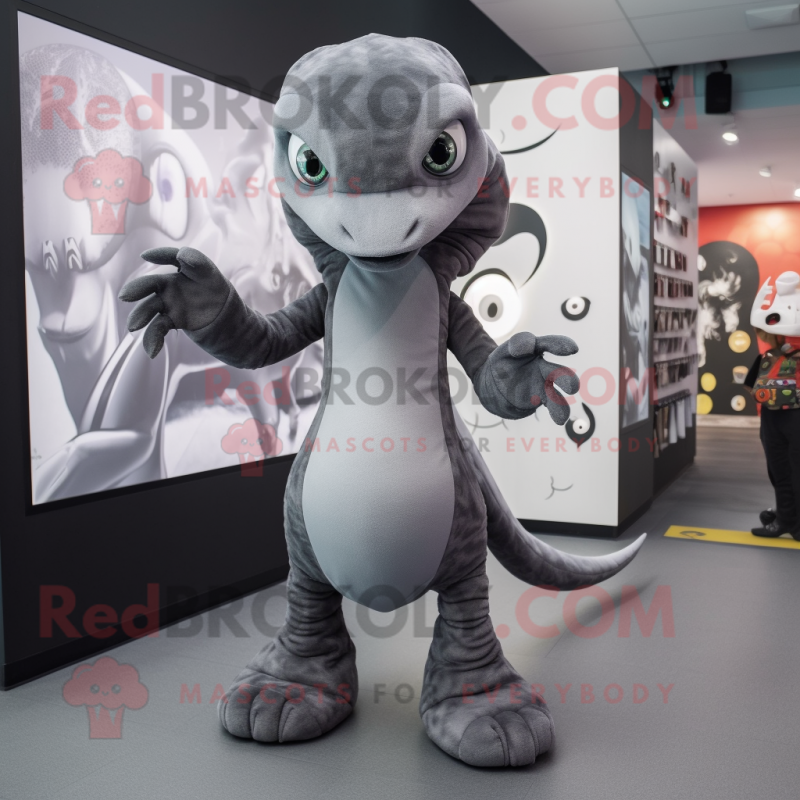Gray Hydra mascot costume character dressed with a Bodysuit and Clutch bags Gray Hydra mascot costume character dressed with a Bodysuit and Clutch bags