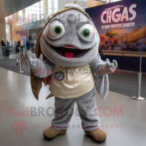 Gray Fish Tacos mascot costume character dressed with a Corduroy Pants and Watches