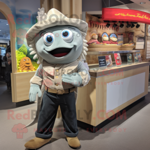 Gray Fish Tacos mascot costume character dressed with a Corduroy Pants and Watches