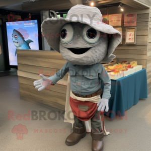 Gray Fish Tacos mascot costume character dressed with a Corduroy Pants and Watches