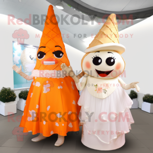 Orange Ice Cream Cone mascot costume character dressed with a Wedding Dress and Shawls