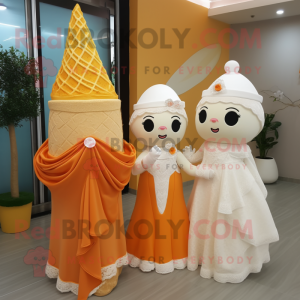 Orange Ice Cream Cone mascot costume character dressed with a Wedding Dress and Shawls