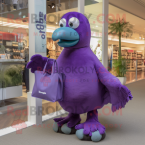 Purple Dodo Bird mascot costume character dressed with a Long Sleeve Tee and Tote bags