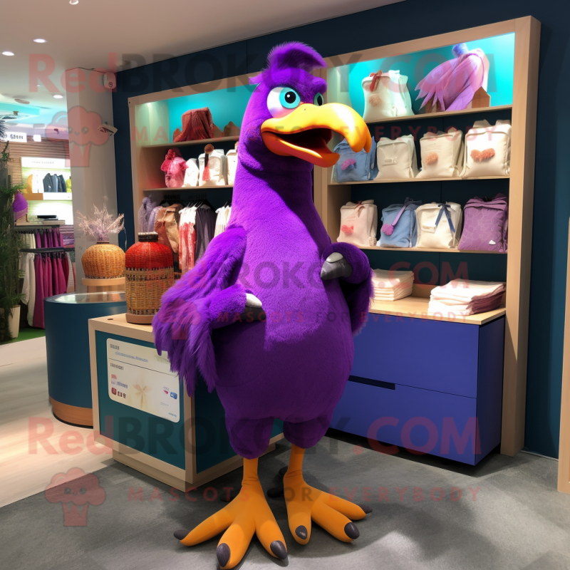 Purple Dodo Bird mascot costume character dressed with a Long Sleeve Tee and Tote bags