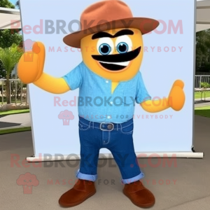 Rust Mango mascot costume character dressed with a Denim Shirt and Bow ties