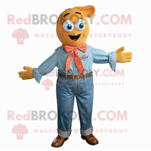 Rust Mango mascot costume character dressed with a Denim Shirt and Bow ties