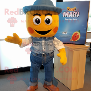 Rust Mango mascot costume character dressed with a Denim Shirt and Bow ties