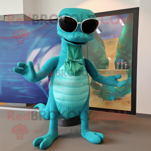 Turquoise Loch Ness Monster mascot costume character dressed with a Bodysuit and Sunglasses