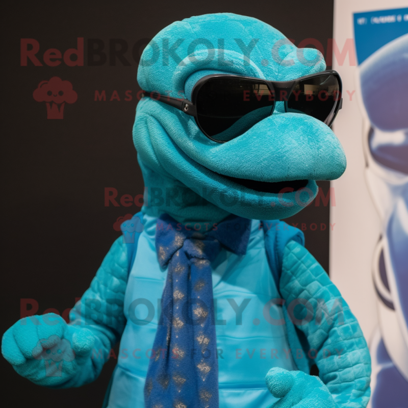 Turquoise Loch Ness Monster mascot costume character dressed with a Bodysuit and Sunglasses