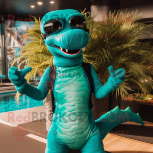Turquoise Loch Ness Monster mascot costume character dressed with a Bodysuit and Sunglasses