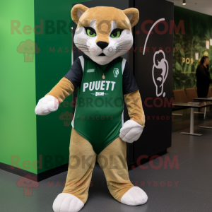 Forest Green Puma mascot costume character dressed with a Mini Skirt and Pocket squares
