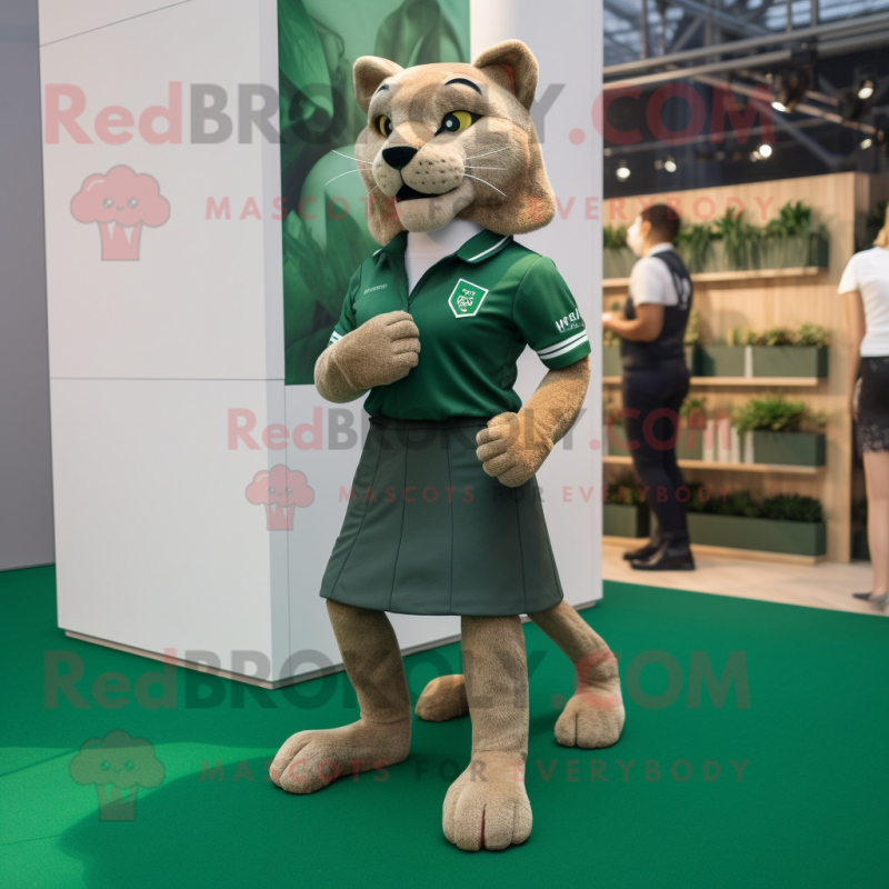 Forest Green Puma mascot costume character dressed with a Mini Skirt and Pocket squares