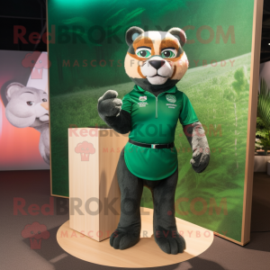 Forest Green Puma mascot costume character dressed with a Mini Skirt and Pocket squares