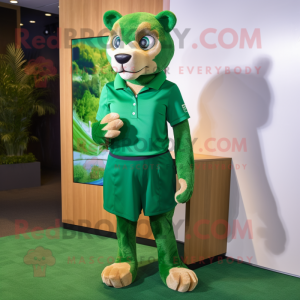 Forest Green Puma mascot costume character dressed with a Mini Skirt and Pocket squares