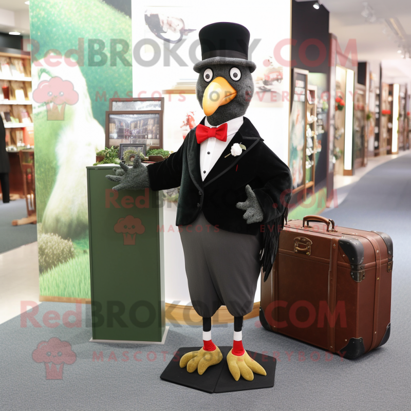 Olive Pheasant mascot costume character dressed with a Tuxedo and Wallets Olive Pheasant mascot costume character dressed with a Tuxedo and Wallets