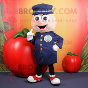 Navy Tomato mascot costume character dressed with a Culottes and Shoe clips