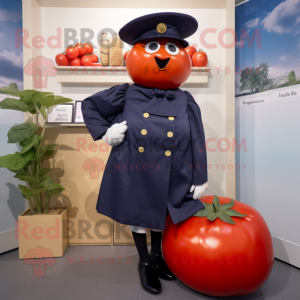 Navy Tomato mascot costume character dressed with a Culottes and Shoe clips