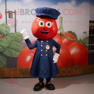 Navy Tomato mascot costume character dressed with a Culottes and Shoe clips