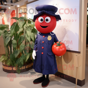 Navy Tomato mascot costume character dressed with a Culottes and Shoe clips