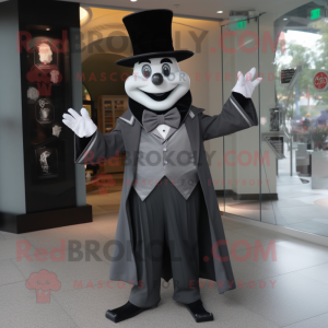 Gray Magician mascot costume character dressed with a Tuxedo and Berets