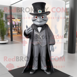 Gray Magician mascot costume character dressed with a Tuxedo and Berets